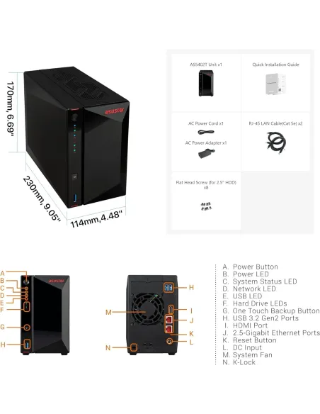 Asustor AS5402T Servidor de Almacenamiento NAS Ethernet Negro