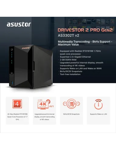 Asustor Drivestor 2 Pro Gen2 AS3302T V2 NAS 2 Bahías Negro