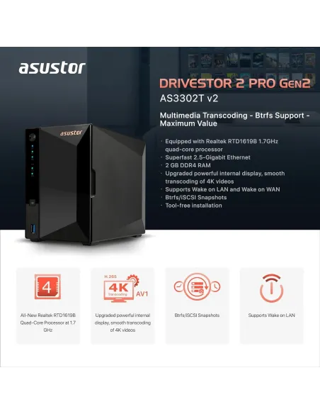 Asustor Drivestor 2 Pro Gen2 AS3302T V2 NAS 2 Bahías Negro