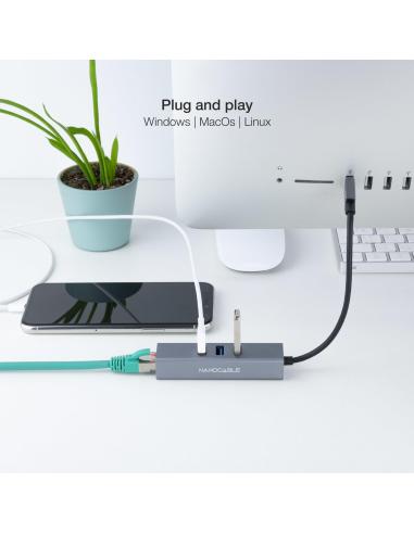 Nanocable 10.03.0407 HUB USB-A 3.0 a USB-A 3.0/RJ-45 4 Puertos 15 cm Gris