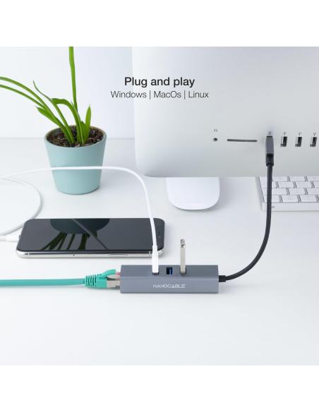 Nanocable 10.03.0407 HUB USB-A 3.0 a USB-A 3.0/RJ-45 4 Puertos 15 cm Gris