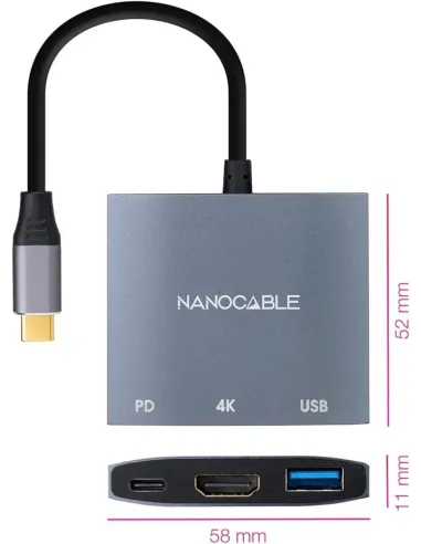 Nanocable 10.16.4306 Conversor USB-C a HDMI 4K/PD/USB 3.0 15cm Gris