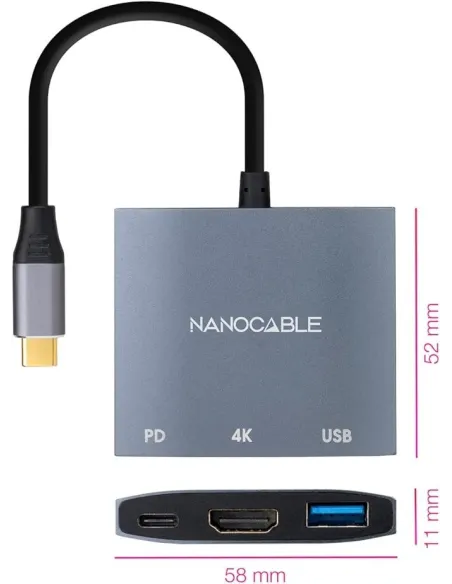 Nanocable 10.16.4306 Conversor USB-C a HDMI 4K/PD/USB 3.0 15cm Gris
