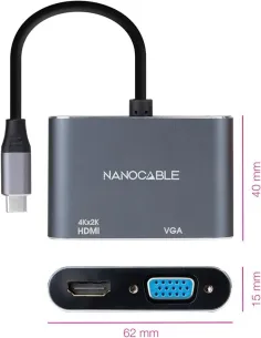 Nanocable 10.16.4303 Conversor USB-C a HDMI/VGA Macho/Hembra 15cm Gris-ADAP57296