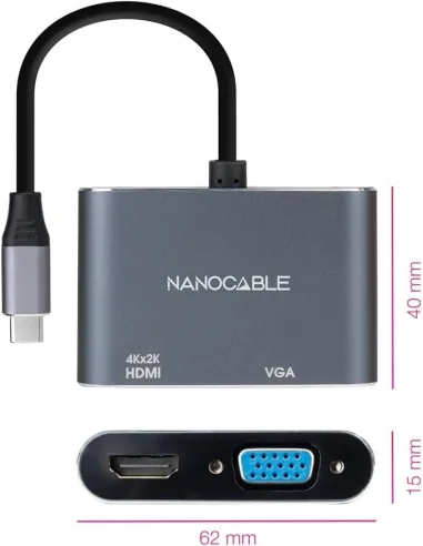 Nanocable 10.16.4303 Conversor USB-C a HDMI/VGA Macho/Hembra 15cm Gris