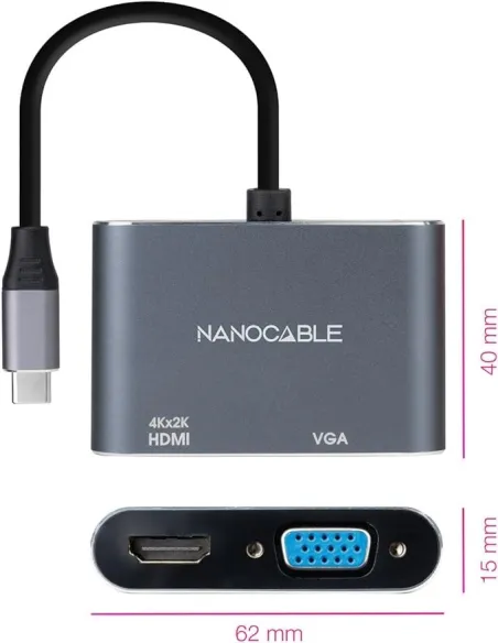 Nanocable 10.16.4303 Conversor USB-C a HDMI/VGA Macho/Hembra 15cm Gris
