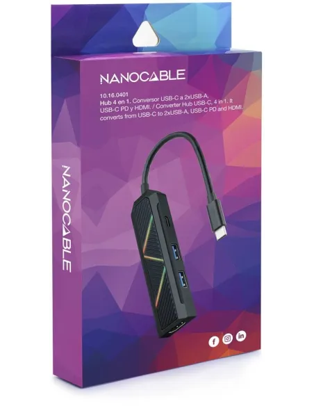 Nanocable 10.16.0401 HUB USB-C 3.0 a USB-A 3.0/USB-C 3.0/HDMI 4 Puertos 15 cm Negro