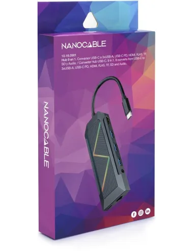 Nanocable 10.16.0901 HUB USB-C a USB-C/HDMI/RJ-45/microSD/SD/Jack 3.5mm 9 Puertos 15 cm Negro