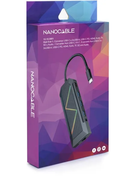 Nanocable 10.16.0901 HUB USB-C a USB-C/HDMI/RJ-45/microSD/SD/Jack 3.5mm 9 Puertos 15 cm Negro