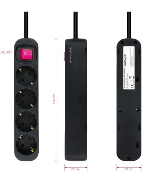 Nanocable 10.37.0004-BK Regleta 4 Tomas con Interruptor 1.4M Negro