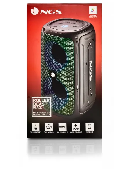 NGS Roller Beast Black Altavoz Portátil Bluetooth RGB 32W Resistente al Agua IPX5 Negro