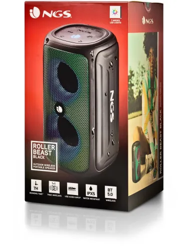 NGS Roller Beast Black Altavoz Portátil Bluetooth RGB 32W Resistente al Agua IPX5 Negro
