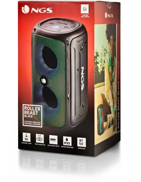 NGS Roller Beast Black Altavoz Portátil Bluetooth RGB 32W Resistente al Agua IPX5 Negro