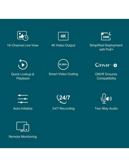 TP-Link VIGI NVR2016H-16MP Videograbador 16 Canales 10 TB 4K Negro
