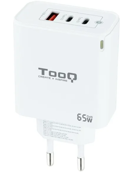 TooQ TQWC-GANQC2PD65WT Cargador de Pared Universal USB-A/USB-C 65 W Blanco