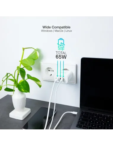TooQ TQWC-GANQC2PD65WT Cargador de Pared Universal USB-A/USB-C 65 W Blanco