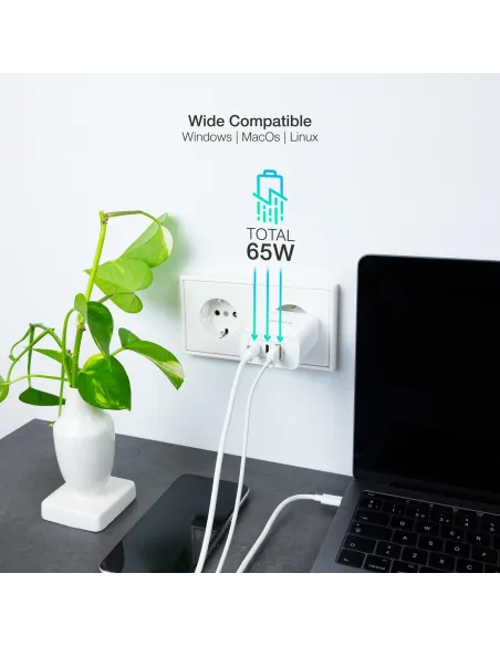 TooQ TQWC-GANQC2PD65WT Cargador de Pared Universal USB-A/USB-C 65 W Blanco