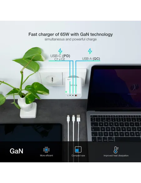 TooQ TQWC-GANQC2PD65WT Cargador de Pared Universal USB-A/USB-C 65 W Blanco