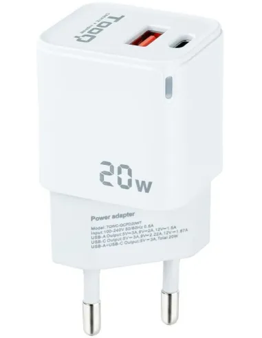 TooQ TQWC-QCPD20WT Cargador de Pared Universal USB-A/USB-C 20W Blanco