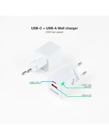 TooQ TQWC-QCPD20WT Cargador de Pared Universal USB-A/USB-C 20W Blanco