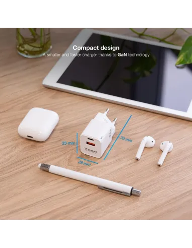 TooQ TQWC-GANQCPD30WT Cargador de Pared Universal USB-A/USB-C 30W Blanco