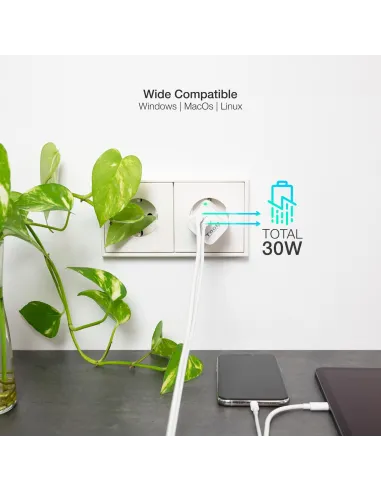 TooQ TQWC-GANQCPD30WT Cargador de Pared Universal USB-A/USB-C 30W Blanco