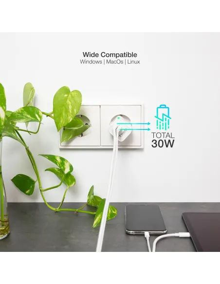 TooQ TQWC-GANQCPD30WT Cargador de Pared Universal USB-A/USB-C 30W Blanco