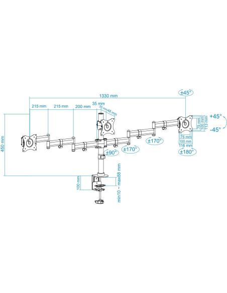 TooQ DB1327TN-B Soporte de Mesa Monitor 3 Brazos 13"-27" Máx. 8Kg Negro