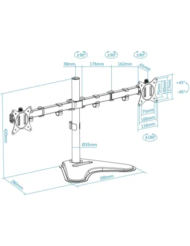 TooQ DB1702TN-B Soporte de Mesa Doble Brazo Inclinable Giratorio para Monitor 17"-32" Máx. 9Kg Negro