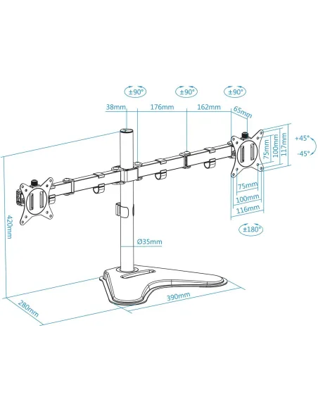 TooQ DB1702TN-B Soporte de Mesa Doble Brazo Inclinable Giratorio para Monitor 17"-32" Máx. 9Kg Negro