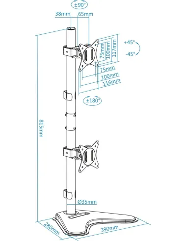 TooQ DB1703TNV-B Soporte Vertical Inclinable Giratorio para 2 Monitores 17"-32" Máx. 9Kg Negro
