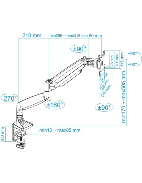 TooQ DB3032TNR-S Soporte Monitor Giratorio e Inclinable para Pantallas 13"-32" Máx. 9Kg Gris