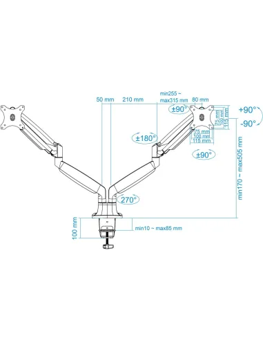 TooQ DB3132TNR-S Soporte Monitor Giratorio de 2 Brazos para Pantallas 13"-32" Máx. 18 Kg Gris