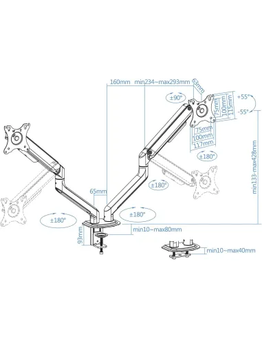 TooQ DB4132TNR-W Soporte de Mesa para 2 Monitores/TVs 17"-32" Máx. 9Kg cada Brazo Blanco