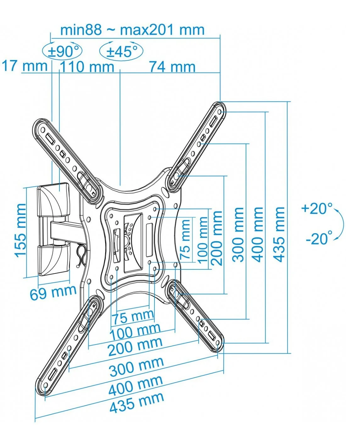 TooQ LP2255TN-B Soporte de Pared Giratorio e Inclinable para Monitor/TV 23"-55" Máx. 30Kg Negro