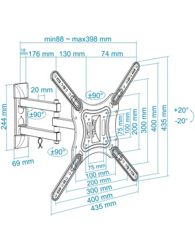 TooQ LP6055TN-B Soporte de Pared Inclinable y Giratorio para Monitor/TV 23"-55" Máx. 30Kg Negro