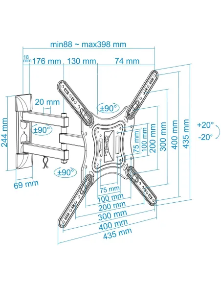 TooQ LP6055TN-B Soporte de Pared Inclinable y Giratorio para Monitor/TV 23"-55" Máx. 30Kg Negro