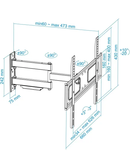 TooQ LP6070TN-B Soporte de Pared Inclinable y Giratorio para Monitor/TV 37"-70" Máx. 50Kg Negro
