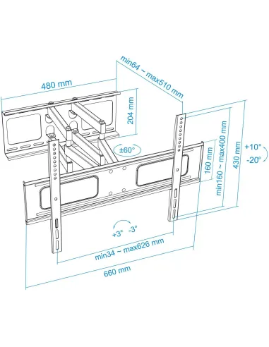 TooQ LP6270TN-B Soporte de Pared Inclinable y Giratorio para Monitor/TV 37"-70" Máx. 50 Kg Negro