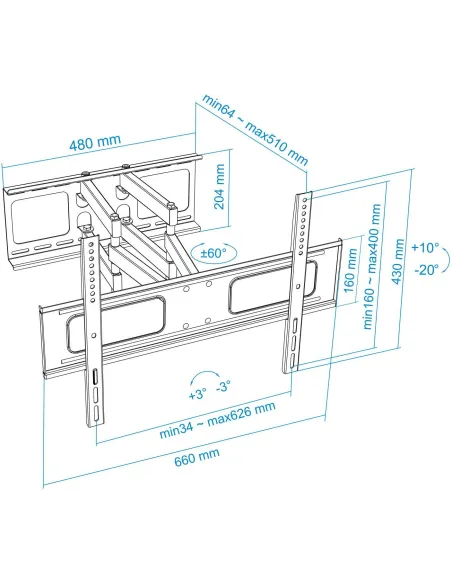 TooQ LP6270TN-B Soporte de Pared Inclinable y Giratorio para Monitor/TV 37"-70" Máx. 50 Kg Negro