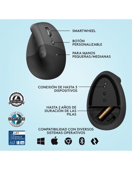 Logitech Lift Ratón Inalámbrico Vertical para Diestros 4000 DPI Gris/Negro