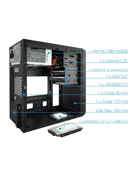 TooQ TQC-4745U3C-B USB 3.2 Negra + Fuente de Alimentación 500W