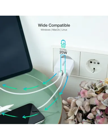 TooQ TQWC-2SC04WT Cargador de Pared USB-A + USB-C 20W Blanco
