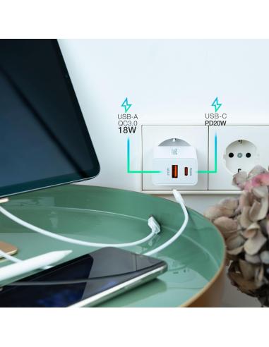 TooQ TQWC-2SC04WT Cargador de Pared USB-A + USB-C 20W Blanco