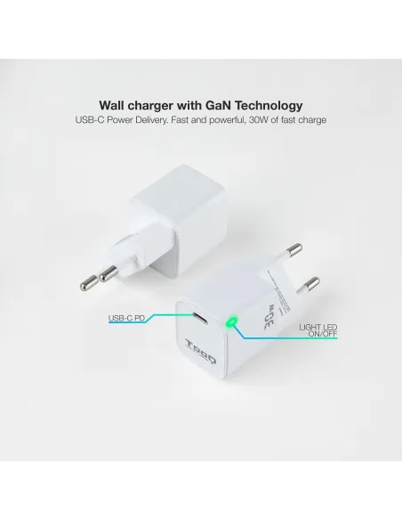 TooQ TQWC-GANPD30WT Cargador de Pared 30W USB-C Blanco