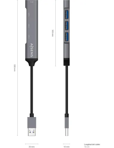 Aisens A106-0540 HUB USB 3.0 a USB-A 3.0 4 Puertos 10 cm Gris