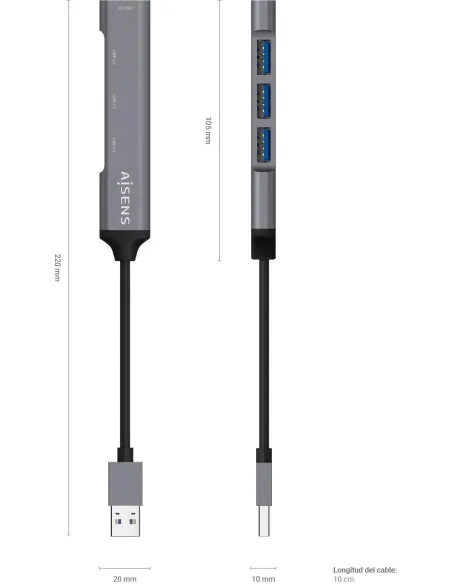 Aisens A106-0540 HUB USB 3.0 a USB-A 3.0 4 Puertos 10 cm Gris
