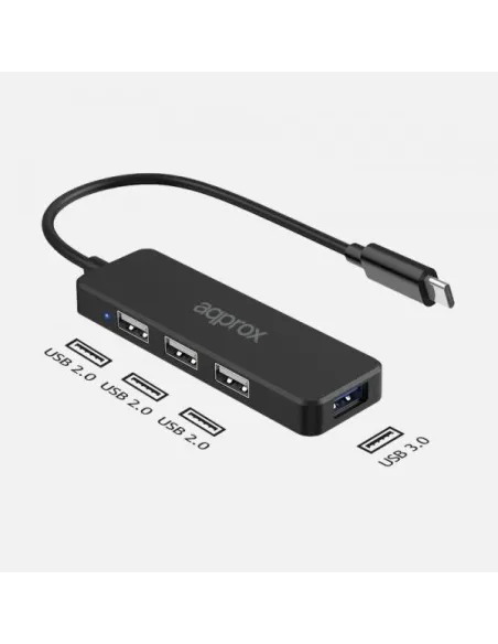 Approx APPC48 HUB USB-C a USB-A 2.0 y 3.0 4 Puertos 15 cm Negro