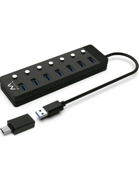 Ewent EW1147 HUB USB-A 3.0 a USB-A 3.0 7 Puertos 1 M Negro + Adaptador USB-A a USB-C