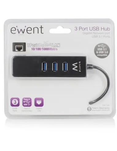 Ewent EW1140 HUB USB-A 3.0 a USB-A 3.0/RJ-45 4 Puertos 18 cm Negro